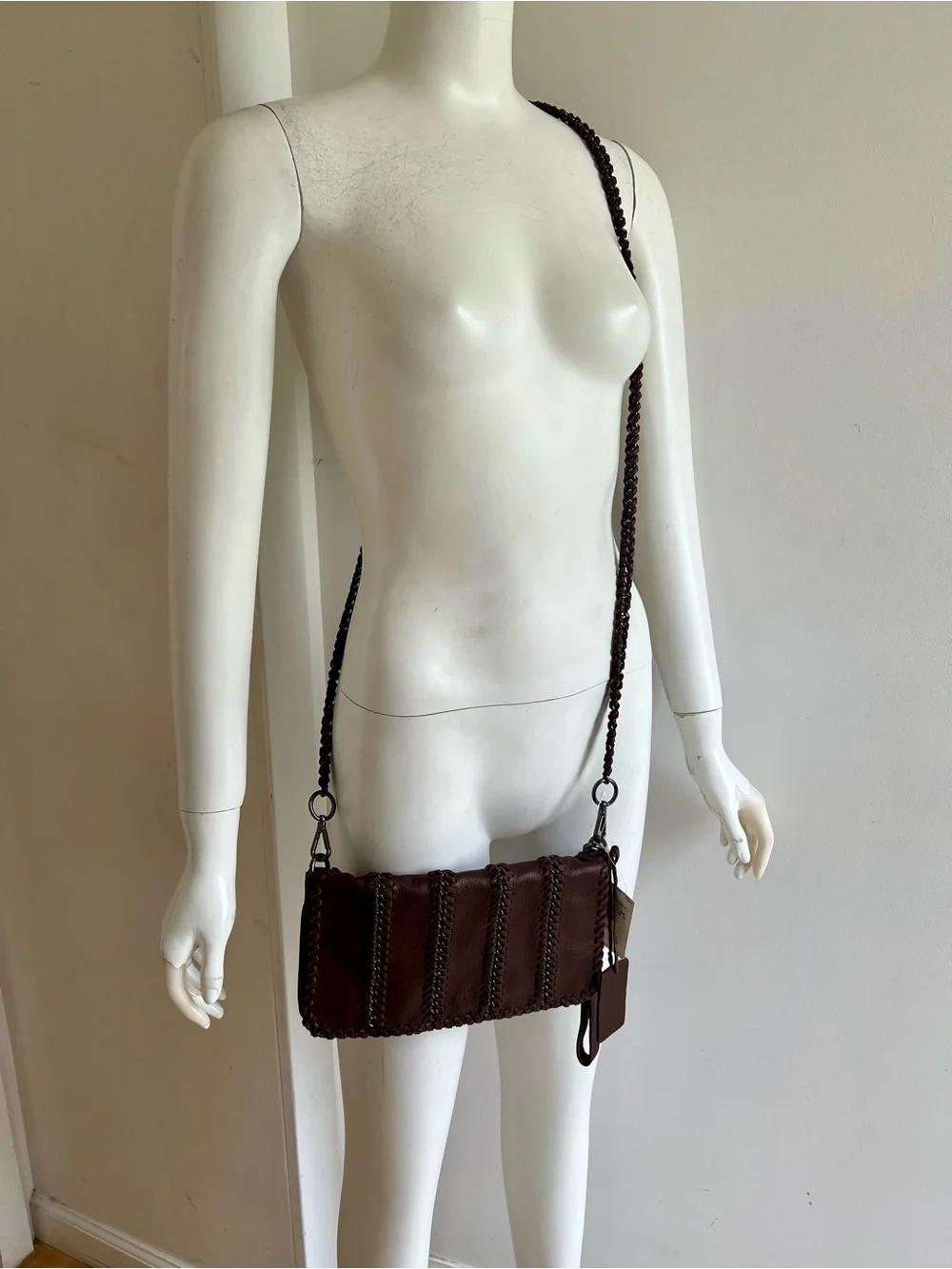 NWT $275 Linea Pelle Soft Brown Leather Whipstitch Chain Crossbody Bag Wristlet